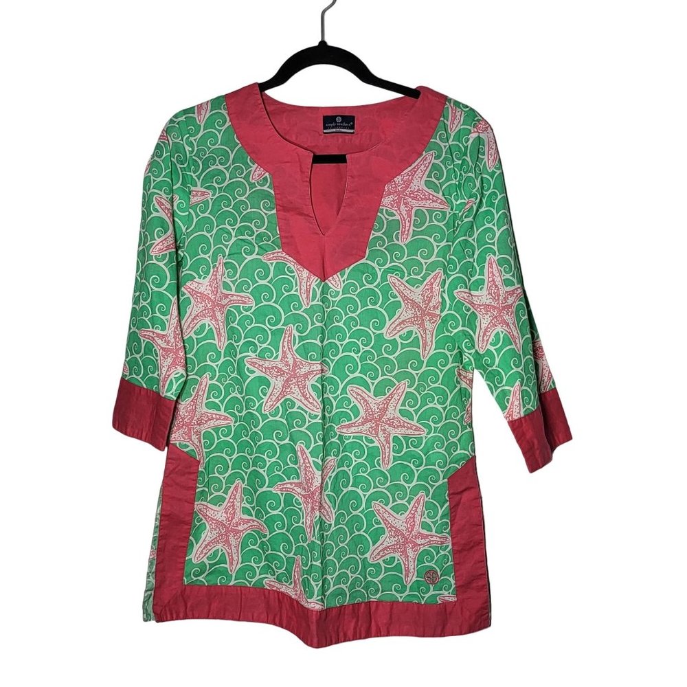Simply Southern Women's Green and‎ Pink Starfish Tunic Blouse Size Small Preppy
